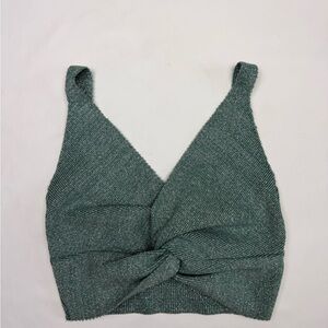 Green Shimmer Twist Front Crop Top XS Metallic Knit Bralette Party Top